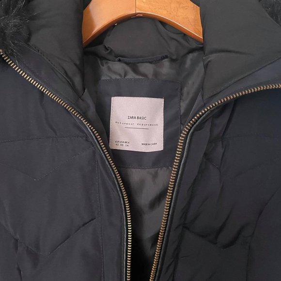 XS New Zara Puffer Taffeta Hooded Fitted Knee Mid Length Coat Midnight Blue - Picture 3 of 7